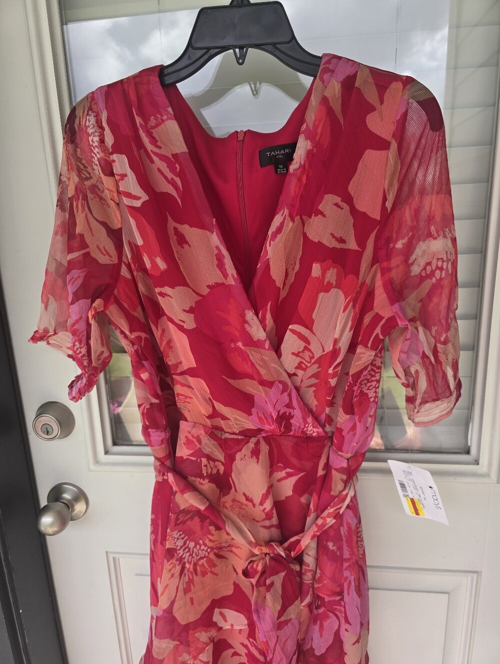 Tahari ASL Floral Wrap Dress Size 14 Pink Red Chiffon Belted Ruffle Wedding Gues - Picture 3 of 10